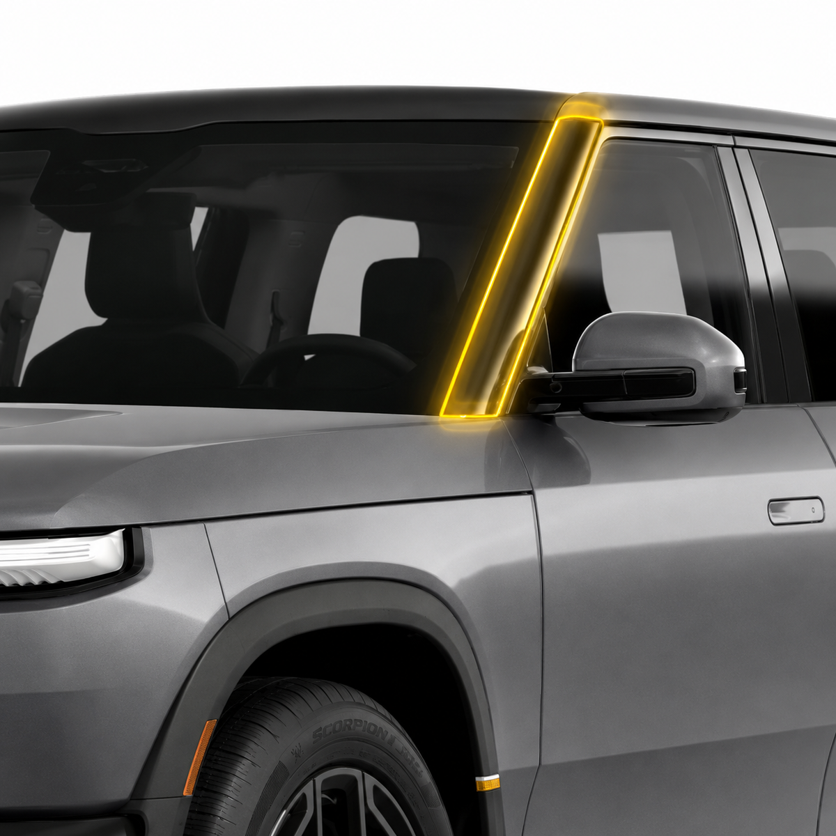 A Pillar Protection – PPF for Rivian R2 | Coverage highlighted in yellow